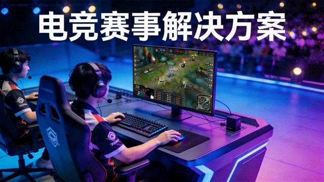 电竞赛事舞台上的选手与比赛大屏画面，对应电竞赛事解决方案配图