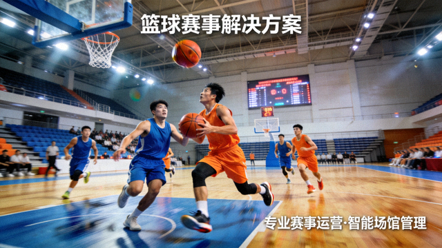 室内篮球馆中进行的篮球比赛画面，对应篮球赛事解决方案配图