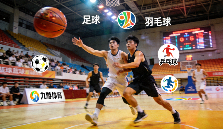 室内篮球馆进行中的篮球比赛现场，用于展示九游体育多项目赛事覆盖