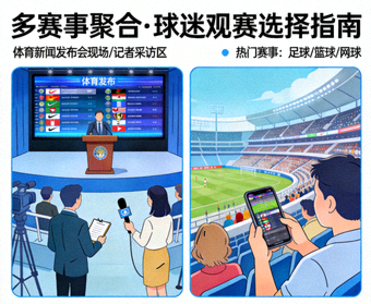体育新闻发布现场与记者采访区域，对应多赛事聚合与球迷观赛选择资讯配图