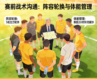 足球队球员赛前围成一圈进行战术沟通，对应球队阵容轮换与体能管理资讯配图